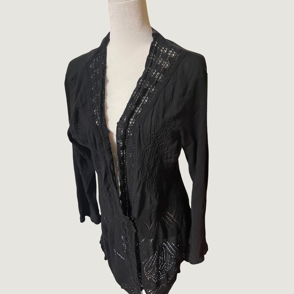 Mexicali Blues Black Open Front Cardigan Crochet Knit Smocked Boho Sweater